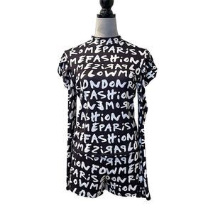 MM Women’s Graffiti Print Top & Shorts Set Black L Casual Puff Sleeve Y2K